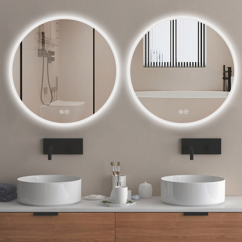 Miroir rond de salle de bain 32 po à DEL avec meuble-lavabo à fixation murale, anti-buée, 3 lumières à température de couleur réglable et à intensité variable, miroir de maquillage pour la chambre à coucher et la salle de bain, miroir intelligent pour la décoration intérieure moderne