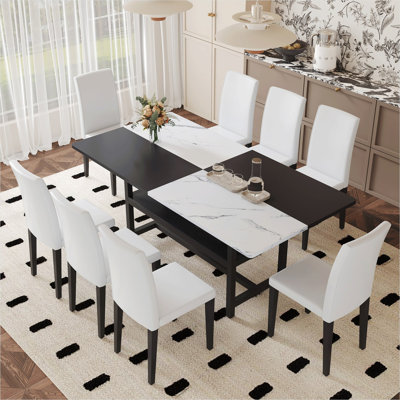 Table de salle à manger en MDF noir mat et blanc avec rangement et 8 chaises en cuir de polyuréthane, 8 places, design moderne à deux tons