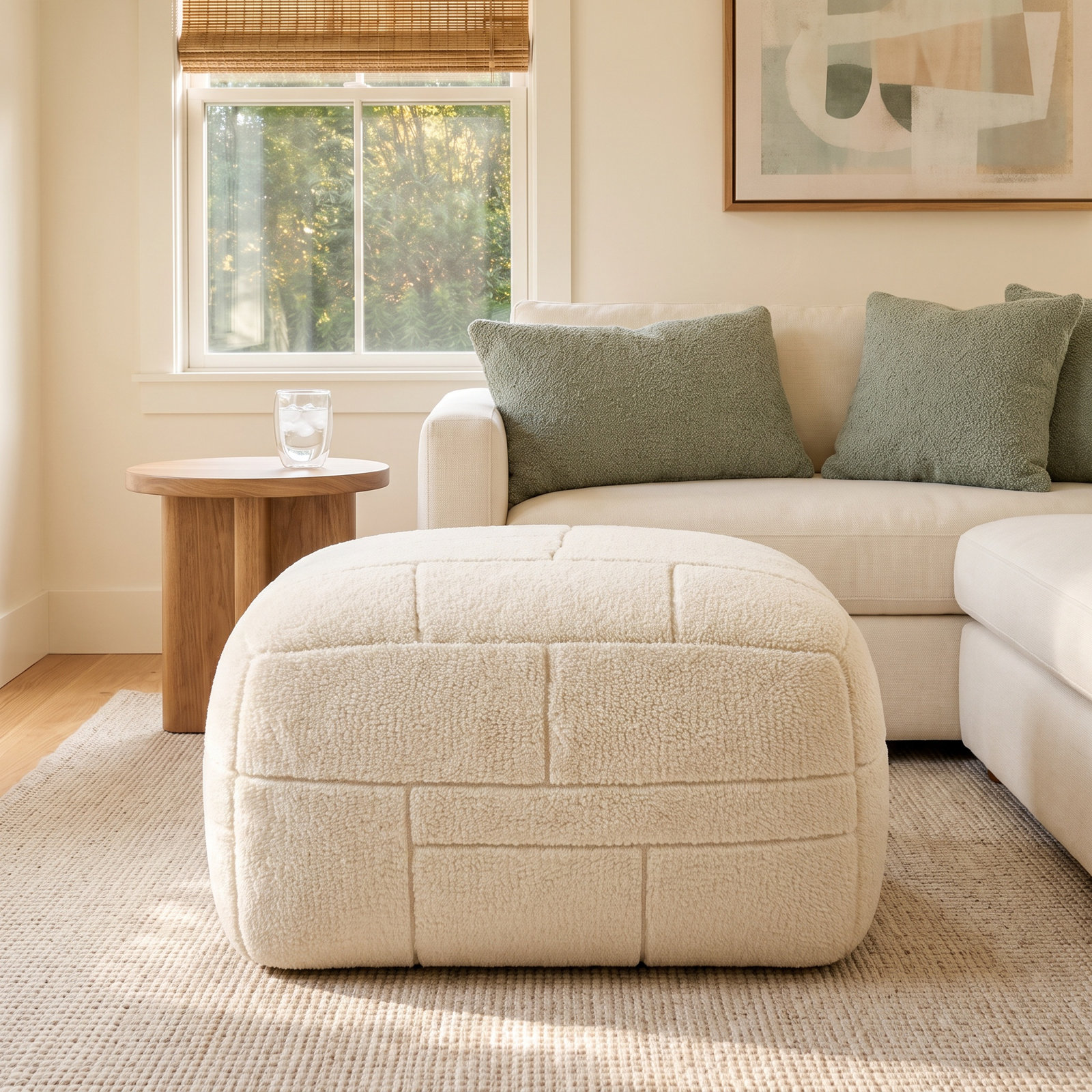 Tuberose Upholstered Pouf, White Wool/Polyester Blend