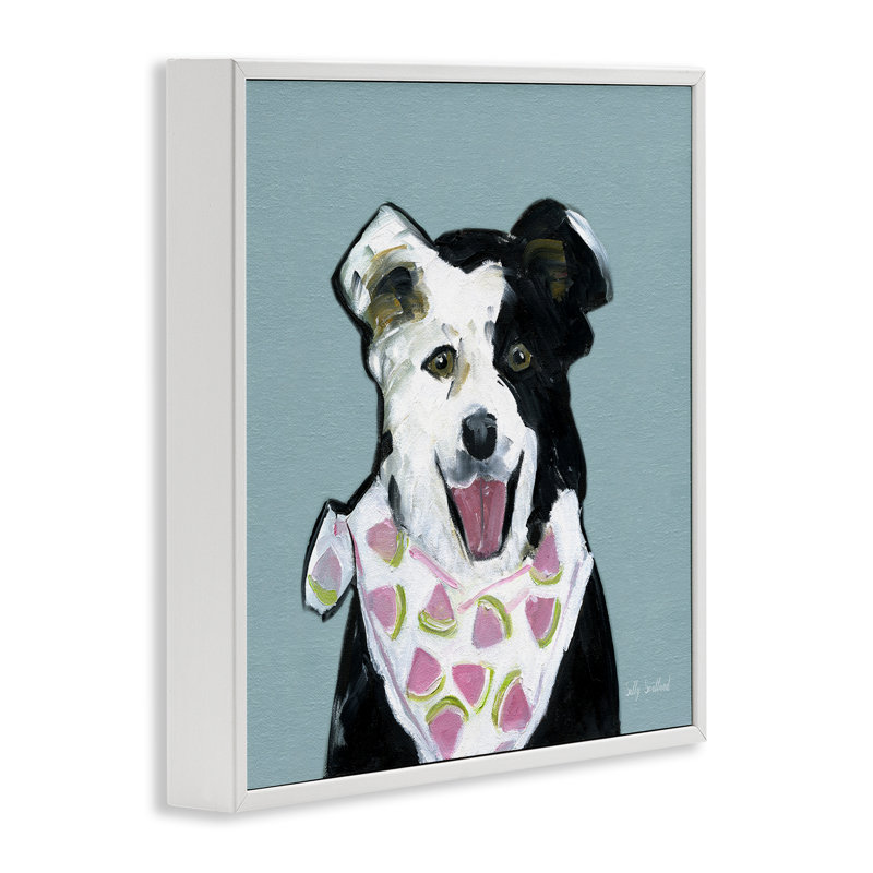 «Dog with Watermelon Bandana», conception de Sally Swatland, H 12 po x l 12 po, Estampe numérique encadrée blanc bord de mer