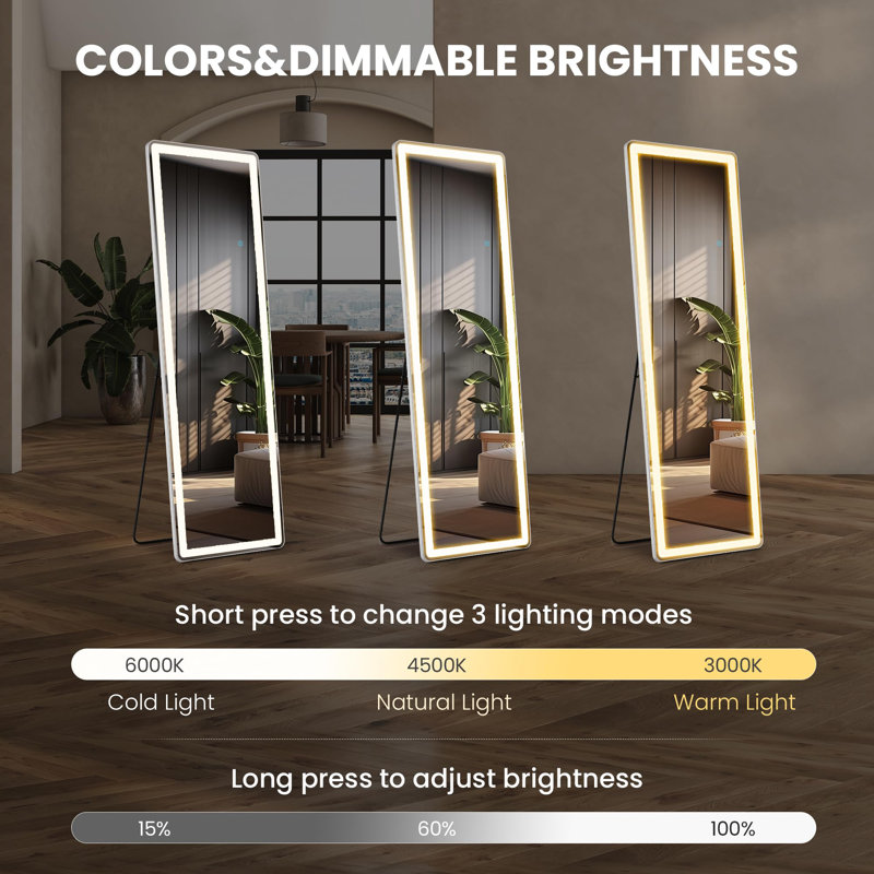 Full Length Mirror With LED Lights, Floor Mirror With Dimming & 3 Color Lighting, Led Mirror Full Length With Stand For Bedroom, Dressing Room,(Rectangle/White-Led)