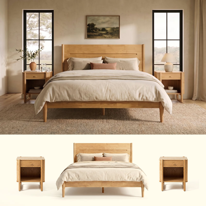 Bed Frame With Headboard & Round Tapered Legs, Queen, Walnut