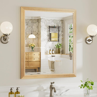 Miroir de salle de bain 36 po x 30 po pour mur, miroir de salle de bain en bois de chêne à grain de bois antirouille, miroir rectangulaire pour meuble-lavabo, maison de campagne, chambre à coucher, salon, décor de vestibule