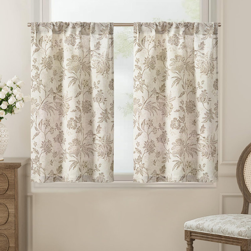 Rideaux en lin à motif floral avec passe-tringle, L 26 po x L 24 po, Tanné