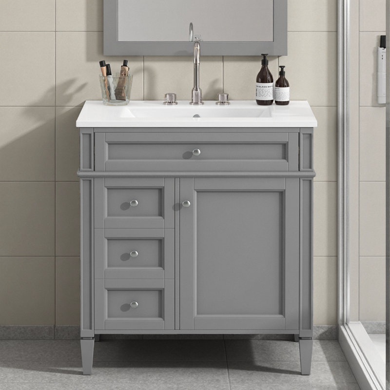 Meuble-lavabo moderne de 30 po avec lavabo, armoire de rangement grise avec 3 tiroirs et plateau basculant, Gris