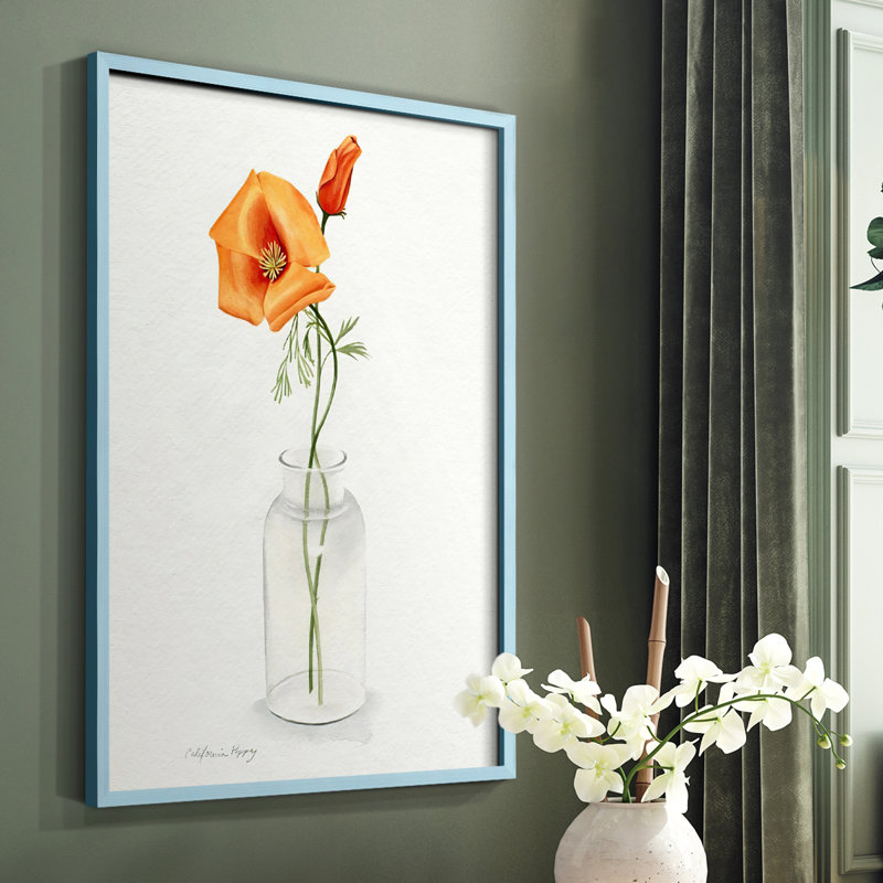 «California Poppy Vase I», reproduction encadrée - bois massif, Bleu, H 10 po x l 8 po