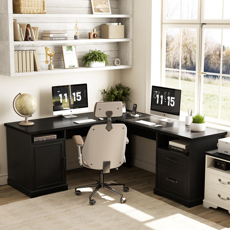 60‘’ L Shaped Desk with Wooden Drawers, Black, Black