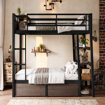 Twin Size Metal Material Bunk Bed Frame With Storage Function Shelves, With Led Lighting Function Light Strip, And With Usb Charging Function Power Strip, Black