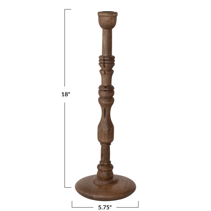 Porte-bougie en bois de manguier tourné, H 18 po x l 5,75 po x P 5,75 po