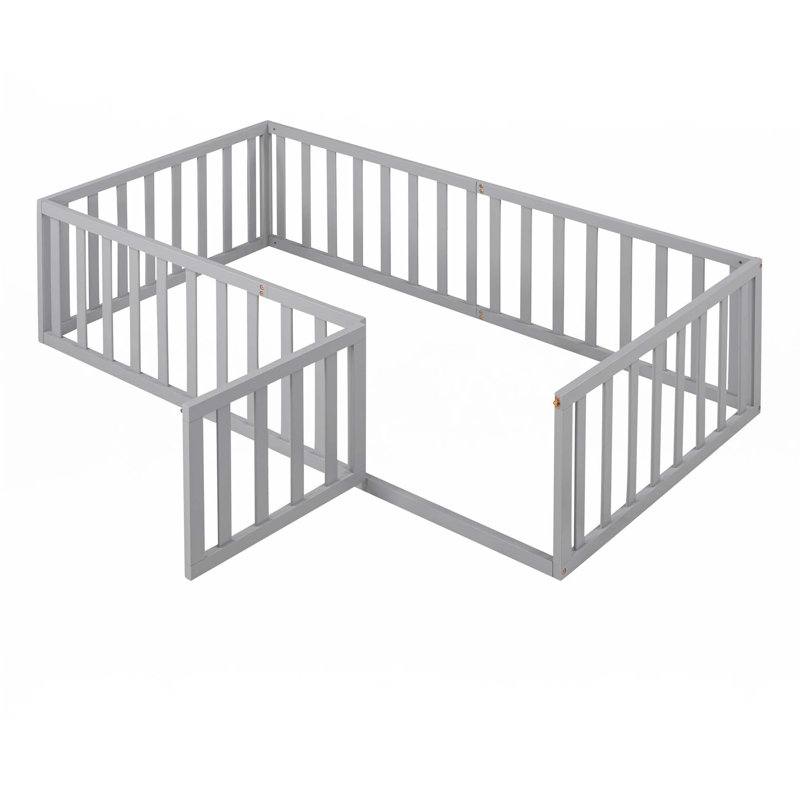 Structure de lit de jour en bois avec clôture, Gris, Lit simple