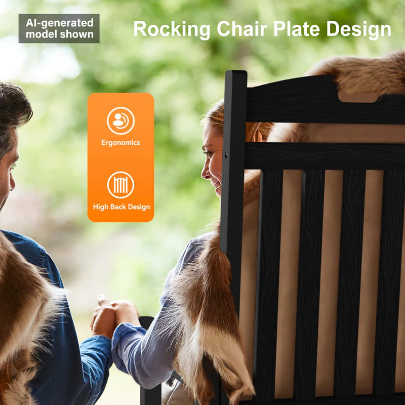Big & Tall Oversized Rocking Chair Outdoor, Heavy Duty 400 lbs High-Back Patio Rocker, Weather-Resistant HIPS Poly Construction, 22" x 21" Wide Seat Porch Furniture, Black