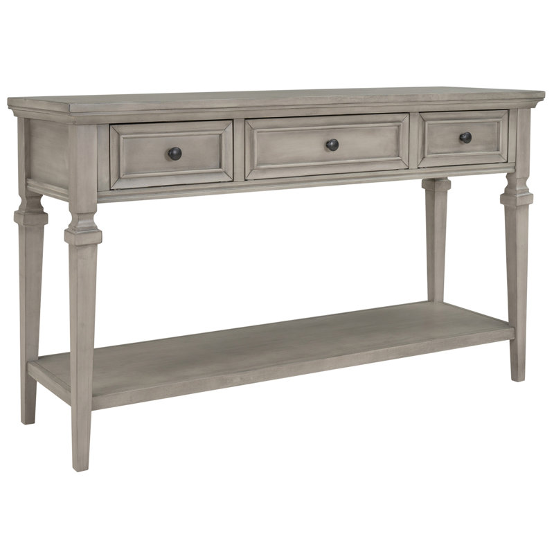 Classic Retro Style Console Table with Three Top Drawers and Open Style Bottom Shelf, Easy Assembly, Grey Wash