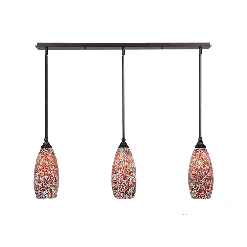 Luminaire suspendu linéaire sur pied 3 lumières avec verre fusion de 5,5 po, Rouge, Bronze