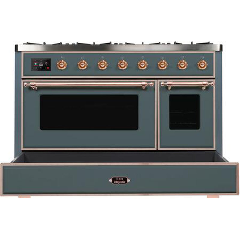 ILVE Majestic II Series 48 inch Dual Fuel Range with 8 Sealed Burners, Griddle (Glass Door), Liquid Propane