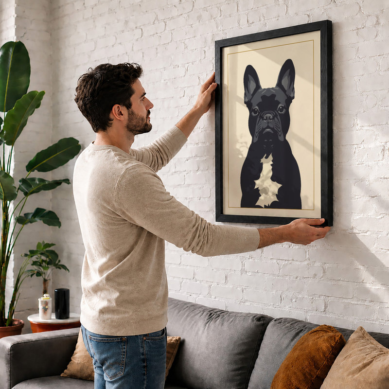 Sitting Bulldog Minimalist - Print, A2 - 59.4 x 42.0 cm, White