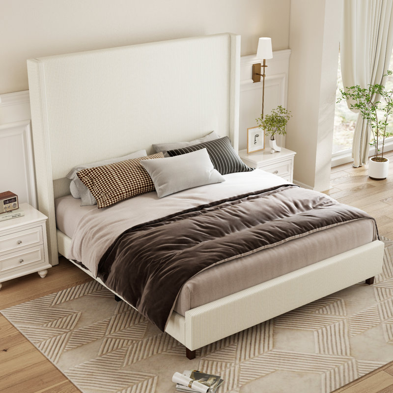 Cadre de lit King Size moderne en velours côtelé de 79,9 pouces de large, avec tête de lit haute à oreilles et pieds en bois