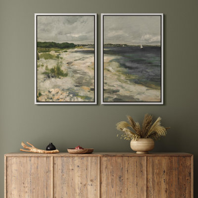 Beach And Waves " Coastal Shoreline With Lush Dunes Serene Beach Landscape Nature Wilderness Illustration Decor " 2 - Pieces