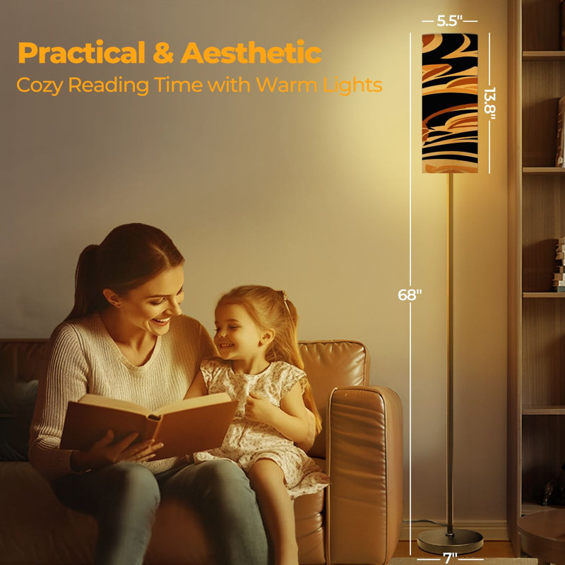  68.5" Standing Floor Lamp Colorful abstract wave beige Dimmable Metal Pole Lamp with Linen Lampshade LED Bulb Included