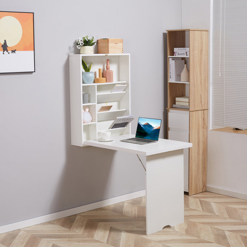 Bureau convertible mural pliable, bureau flottant multifonctionnel avec tablette de rangement