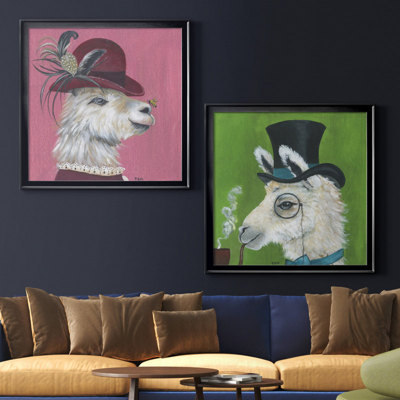 Lama et abeille - ensemble de 2 reproductions d'art graphique, Toile encadrée noire, Pas de tapis