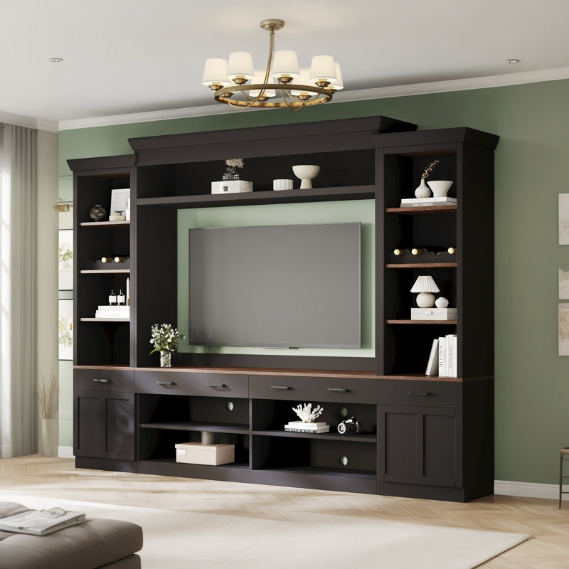 For Tvs Up To 70 Inches With Bookshelves, Adjustable Shelves, Wine Rack, Mid-Century Style Large Media Console, Black