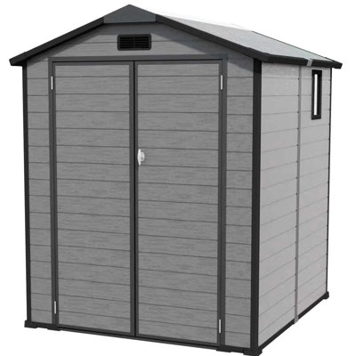 Remise à outils extérieure en résine 6 pi x 6 pi avec portes verrouillables, fenêtre et plancher, gris foncé, spacieuse pour les meubles de patio, protection contre les intempéries renforcée de métal, ventilation double