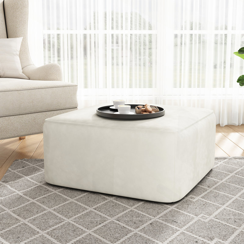 Orrey Upholstered Ottoman, Cream Velvet , 16.25" H x 30.25" W x 30.25" D