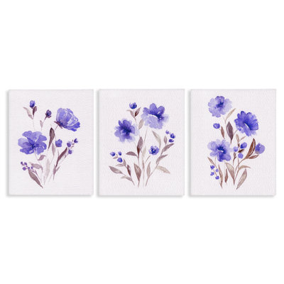 Ensemble de toiles 3 pièces aquarelle fleurs mauves, design par Leah Noel Art