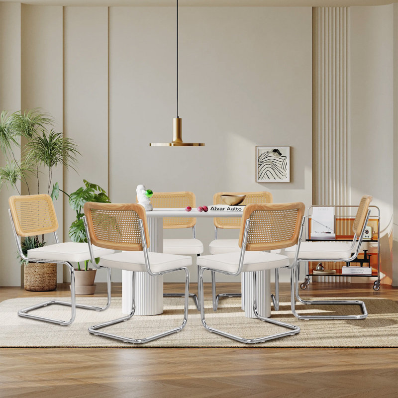 Velvet And Teddy Fabric Upholstered Side Chair With Cane Rattan Back, White, Silver