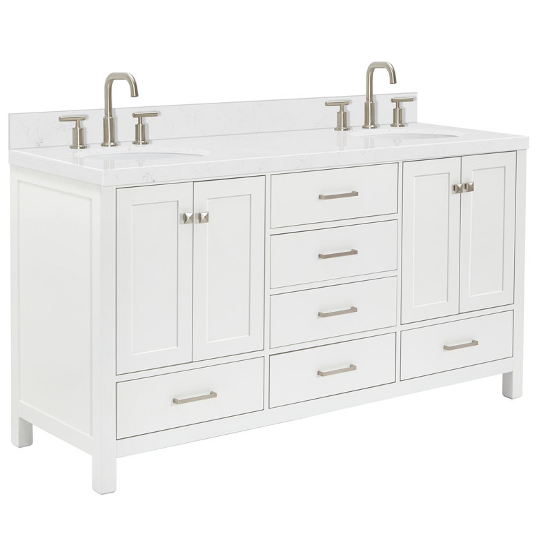 Meuble-lavabo double avec plateau 66,25 po , Blanc / nickel brossé