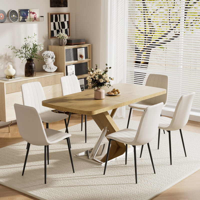 Rectangular Extendable Dining Table set, Beige, 7, Natural