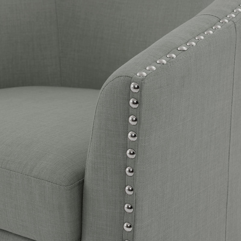 Aunna Nailhead Swivel Barrel Chair, Light Gray Polyester Blend