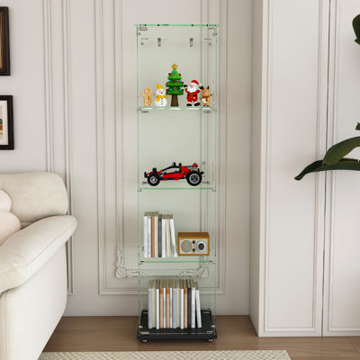 4-Tier LED Glass Display Cabinet with 5 Light Modes, Single Door Tempered Glass Bookshelf Showcase for Collectibles, Action Figures, Wine & Decor, Easy Assembly Floor Standing Curio for Home & Office