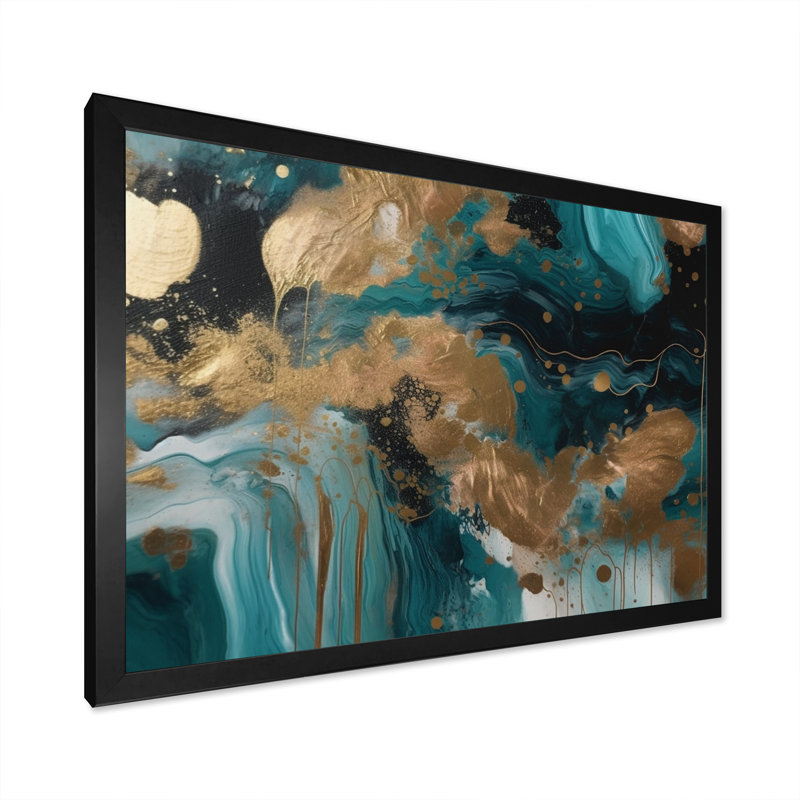 «Green and Gold Mysterious Marble I», reproduction d'art sur toile, H 12 po x l 20 po x P 1 po, Cadre photo noir