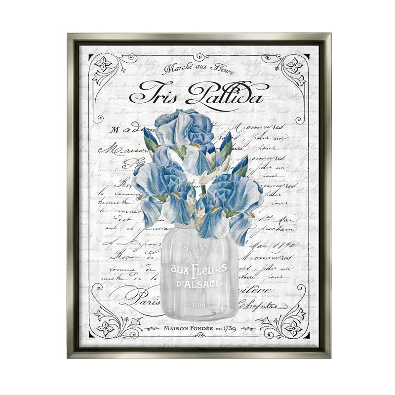 «Delicate Iris Flower Bouquet Ornate French», bordure par lettrage et doublure, H 31 po x l 25 po x P 1,7 po
