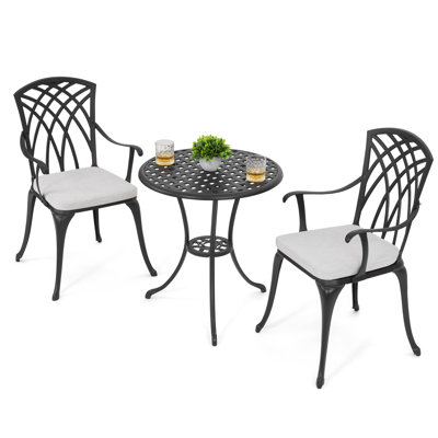 Pacha 5-Piece Outdoor Patio Bistro Set, Round 24 Inch Cast Aluminum Table with 1.97" Umbrella Hole and 2 Cast Aluminum Chairs for Backyard, Black an
