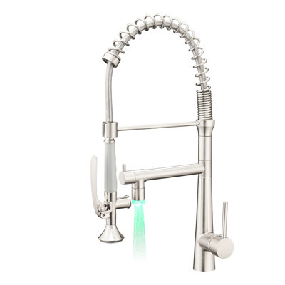 Heavy Duty Commercial Style Kitchen Sink Faucet With High Arc Pull Down, Single Handle Pre-Rinse And Led In Brushed Nickel Style, Down Solid Brass Construction