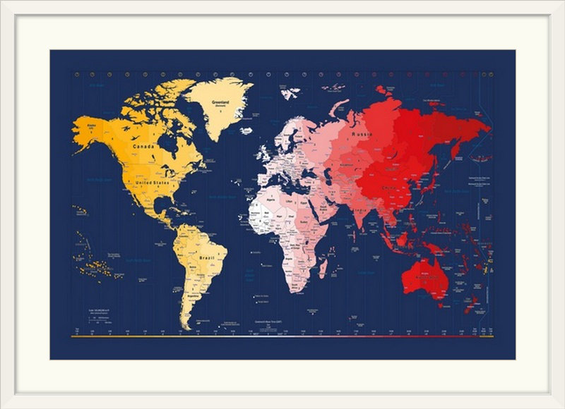 Francy «World Timezone Map» par Bellen, impression, H 20 po x l 26 po x P 1 po, Cadre blanc