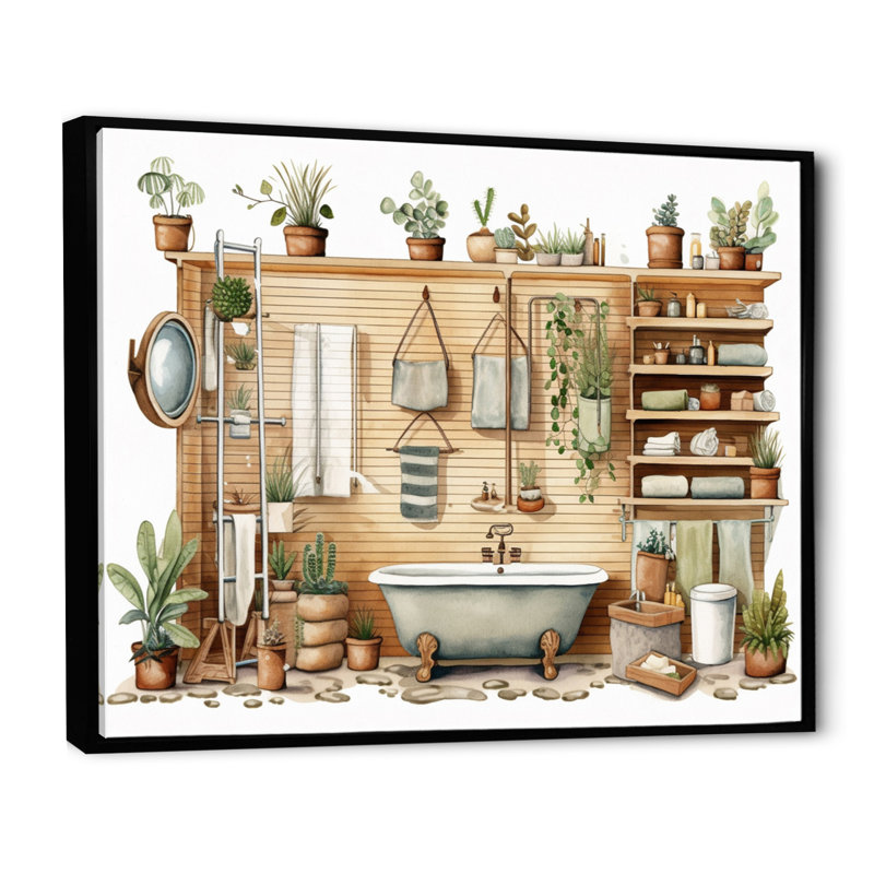 " Natural Bathroom Decor XVII ", Black Floater Framed, 16" H x 32" W x 1" D