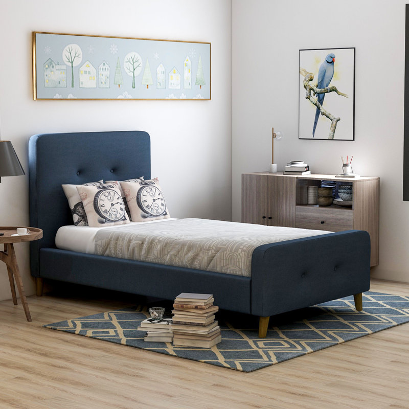 Upholstered Platform Bed, Navy Blue, Twin