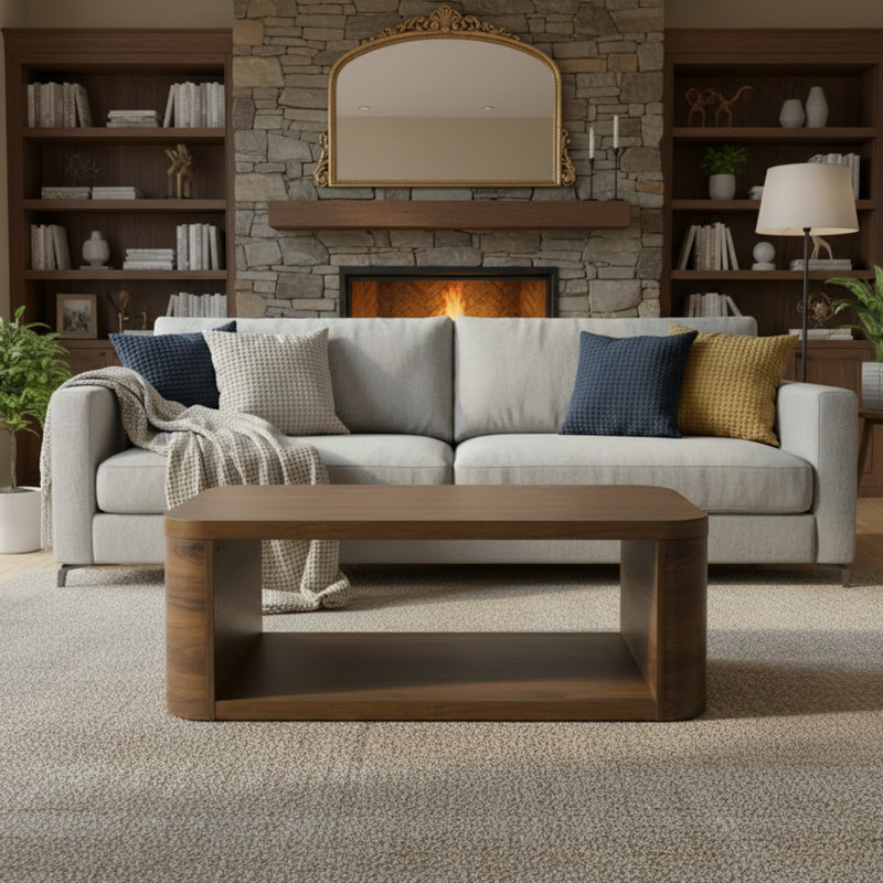 Table basse en placage de noyer avec un large plateau de table