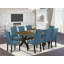 Ensemble de salle à manger moderne 9 pièces comprenant une table rectangulaire en bois avec pattes en X et 8 chaises de salle à manger Parson en tissu lin bleu multicolore.-1556786981-1556786982