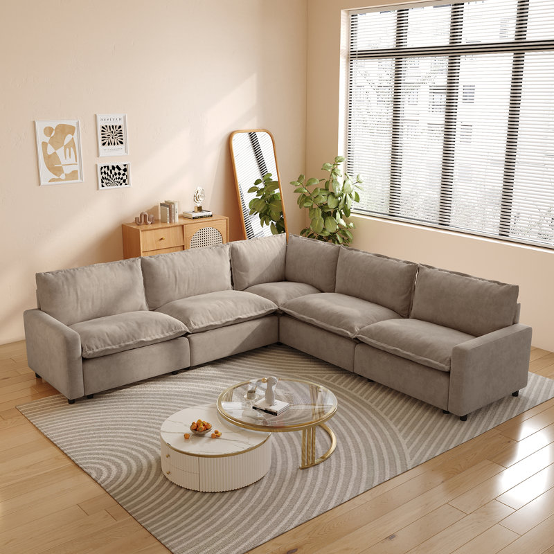 5-Piece Power Recliner Sectional Sofa, Couch With Heating Cushion, Khaki Linen