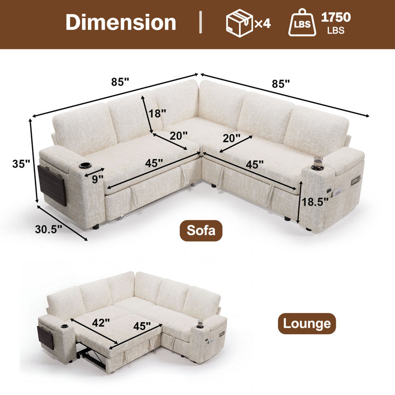 85" Sectional Sofa Couch With Pull Out Bed, 5 Seat L Shaped Pull Out Couch Bed With Usb Ports, Modular Sleeper Sofa Bed, Large Sectional Couches For Living Room