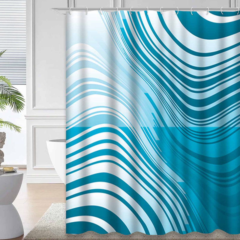 Rideau de douche à motif géométrique abstrait bleu avec 12 crochets Sea Lines, L 72 po x l 84 po