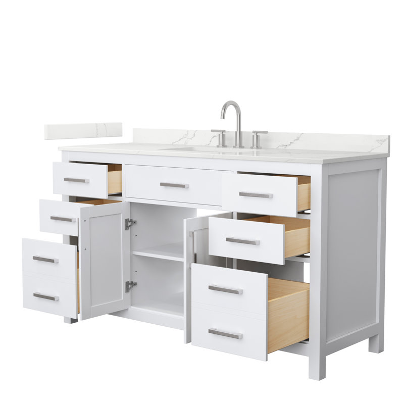 Meuble-lavabo simple autoportant de 60 po avec plateau en quartz Beckett, Blanc, Nickel brossé, Quartz Giotto