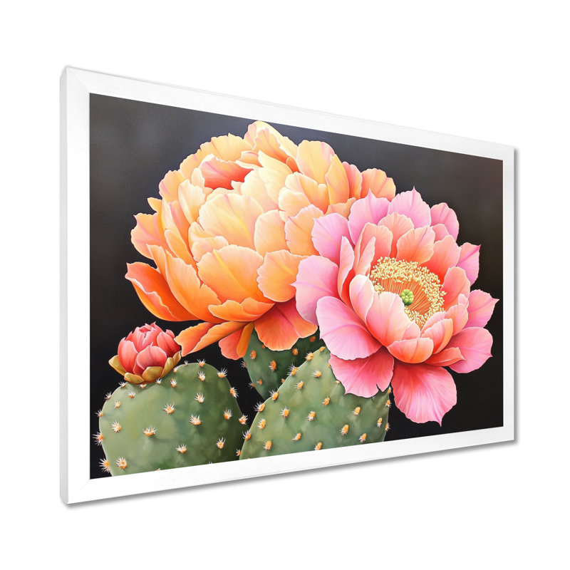 Décoration murale cactus rose et orange Bloom I - Floral, 24" H x 32" W, Single Picture Framed Print without Mat, White