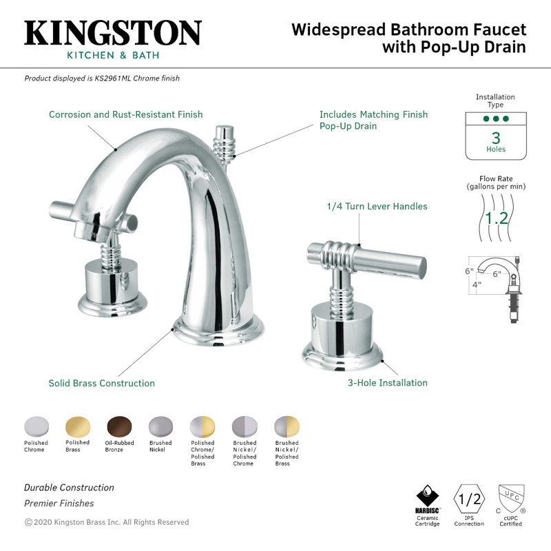 Robinet de salle de bain espacé Kingston, Nickel brossé / laiton poli
