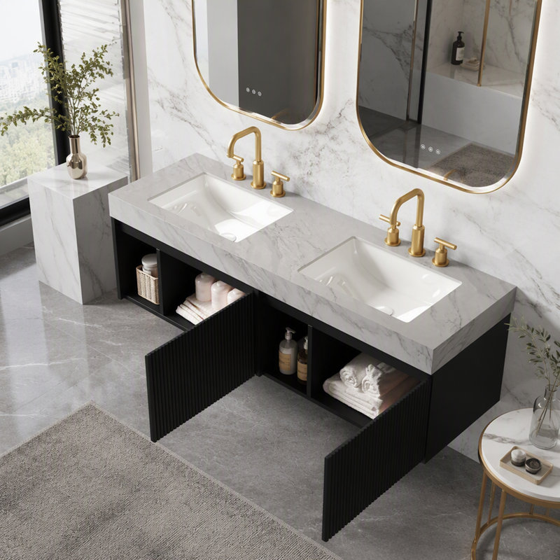 Meuble-lavabo avec comptoir en pierre frittée veinée gris Carrara et 2 lavabos en céramique, armoire de rangement suspendue, couleur noire, démonté