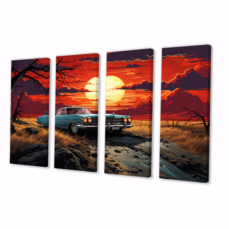 Orange et rose voiture américaine classique sur la plage II - voiture ancienne américaine, art mural 4 pièces